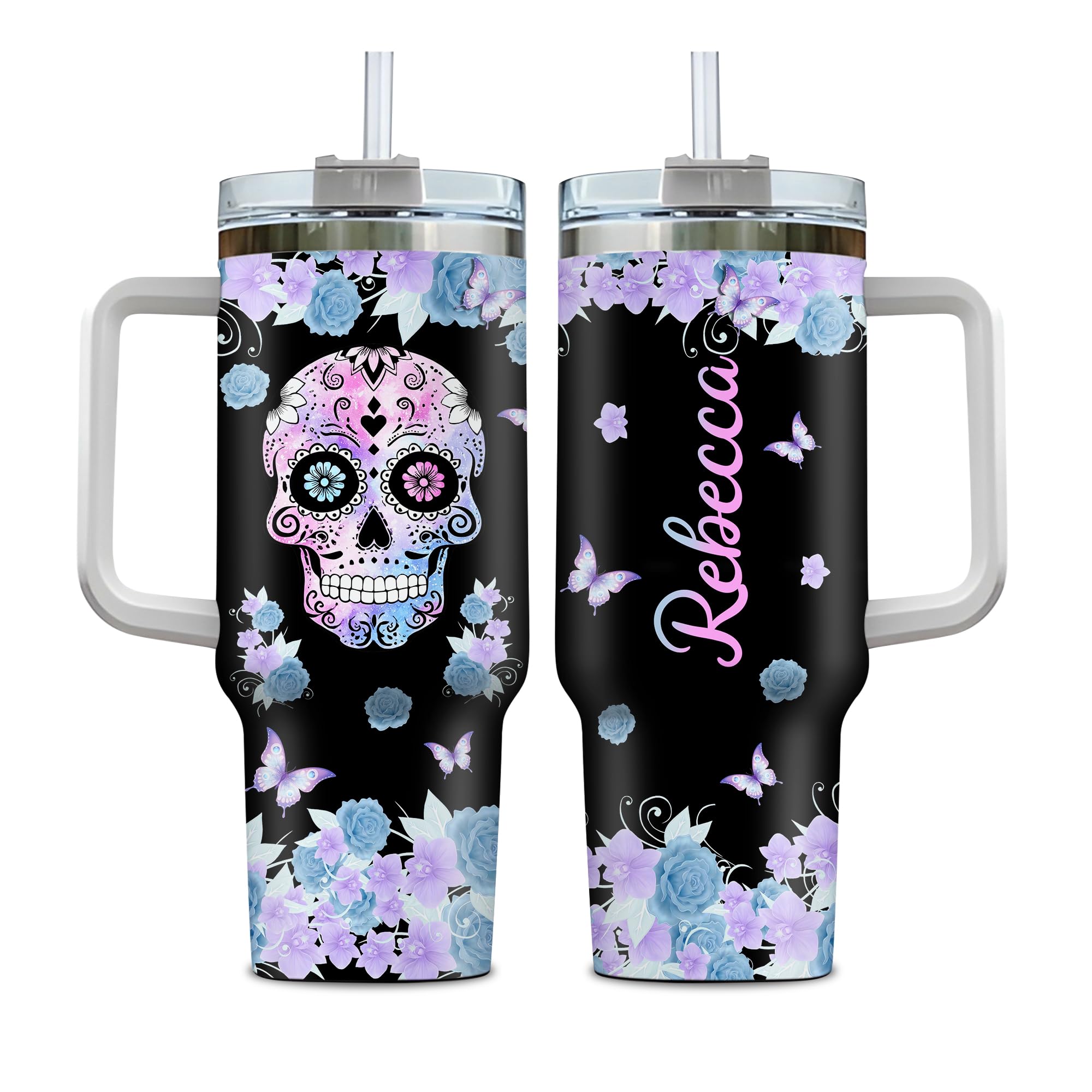 Hyturtle Personalized Skull 40oz Tumbler with Handle & Straw Gifts for Skull Lover, Sugar Skulls Purple Flower Gothic Gift, Birthday Halloween