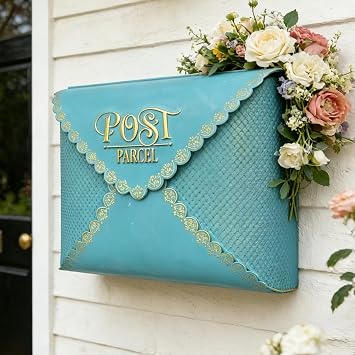 BIG FORTUNE Wall Mount Mailbox for House Outside,5" D x 13.8" W x 11.2" H,Vintage Metal Door Mailbox Antique Style Nostalgic Charm Home Decor Garden Vintage English Cottage DecorBlue