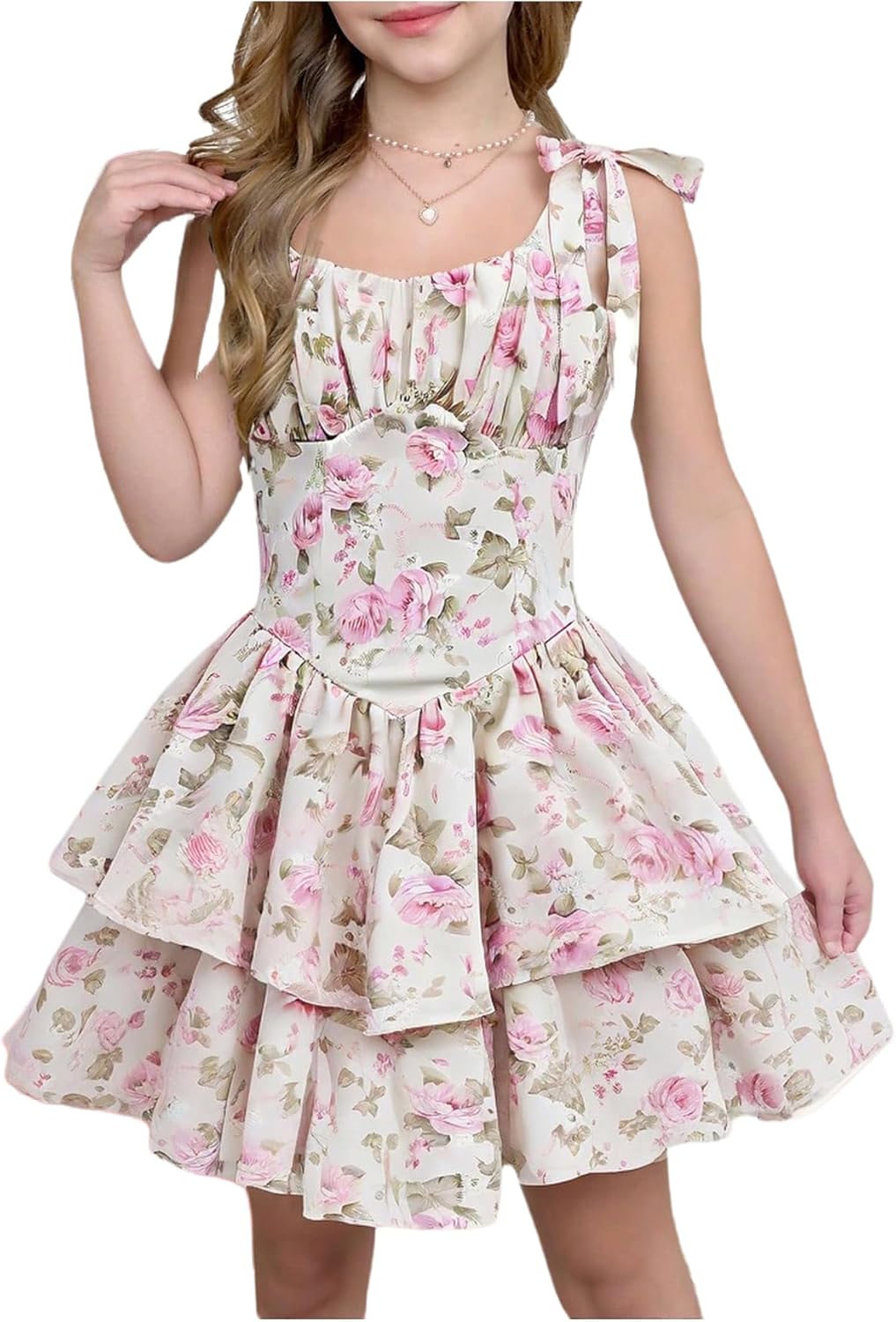 MakeMeChic Girl's Floral Print Ruched Ruffle Tiered Tie Shoulder A Line Summer Mini Dress