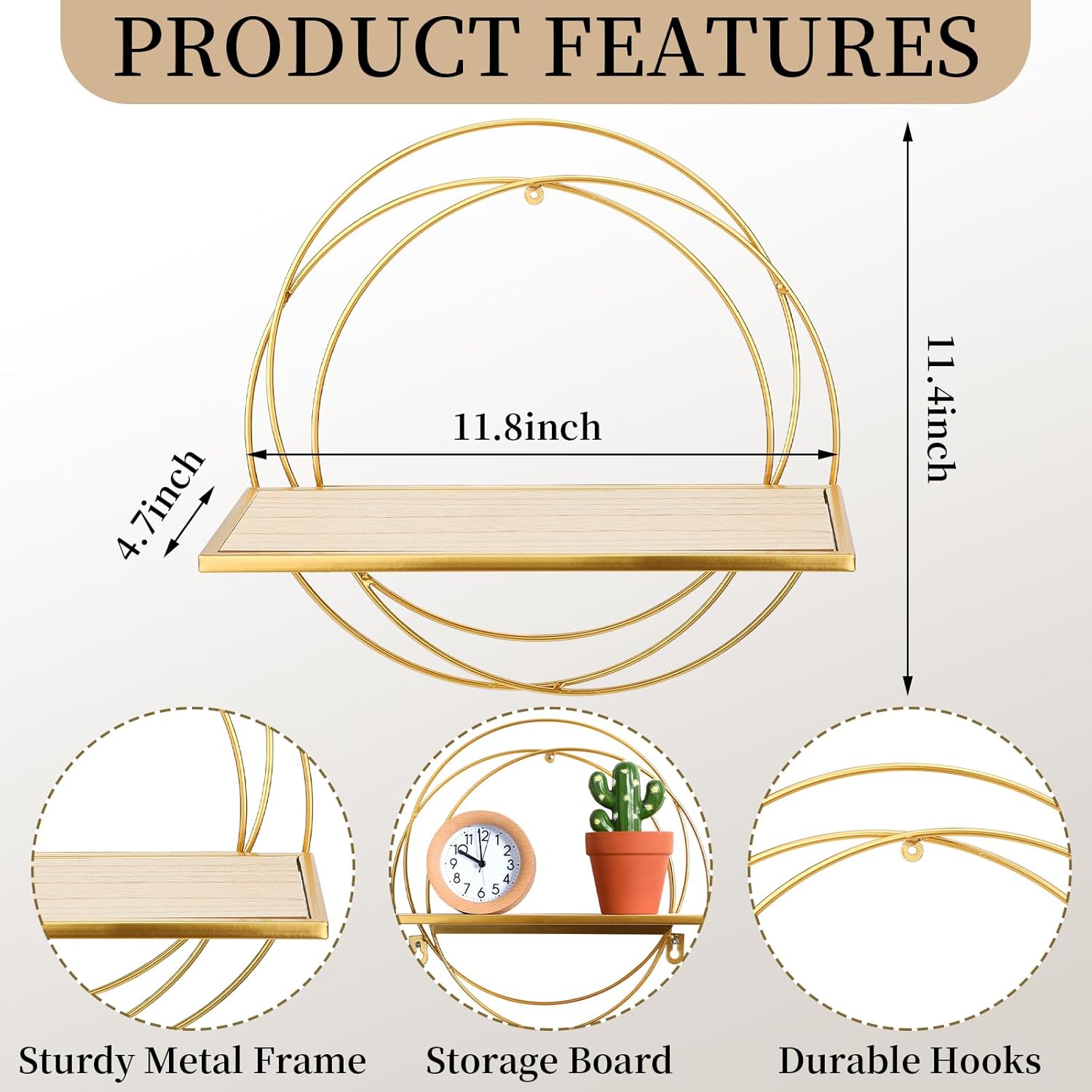 3 Pcs Gold Floating Shelves Wall Mounted Hanging Shelf with Gold Metal Wire and Wood, Foldable Round Shelf Wall Decor for Storage Bedroom Bathroom Living Room Kitchen Office Home Decoration