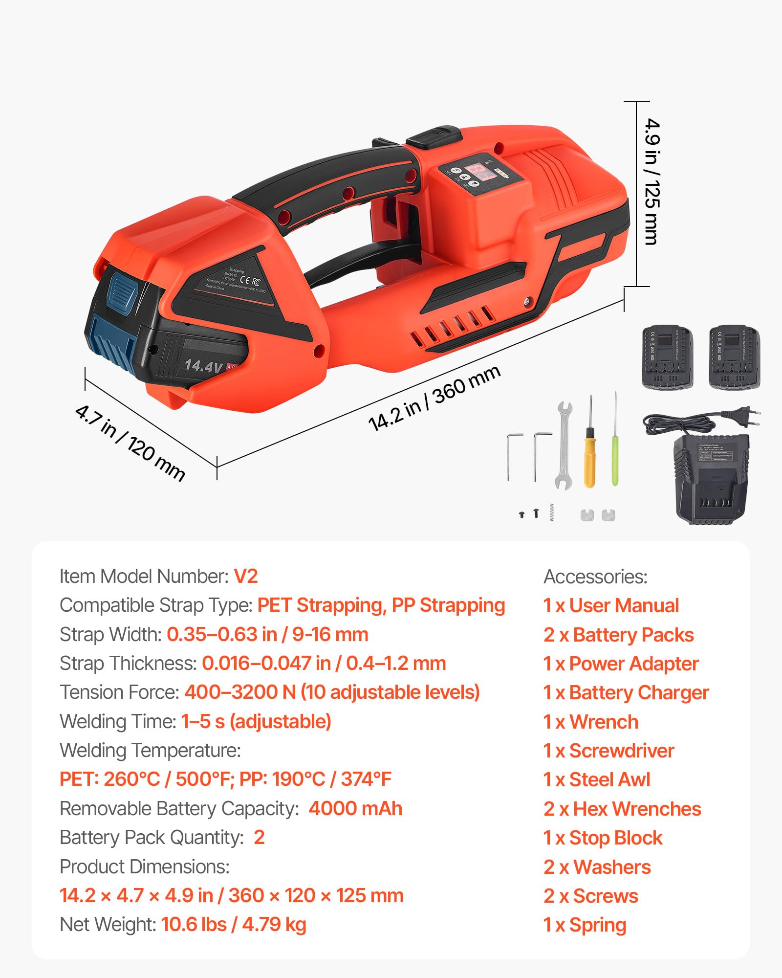 VEVOR Cercleuse électrique pour feuillards PP/PET 9-16 mm, outil de cerclage portable avec affichage numérique, avec 2 batteries de 4000 mAh, machine à cercler auto pour palettes, boîtes d'emballage