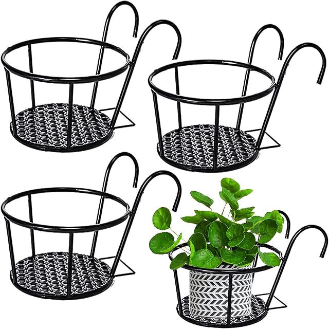 WAIZHIUA 4Pack Hanging Flower Pot Holder 22cm Round Balcony Hanging Railing Planters Basket Metal Plant Pot Holder for Balcony Porch Fence(Black)