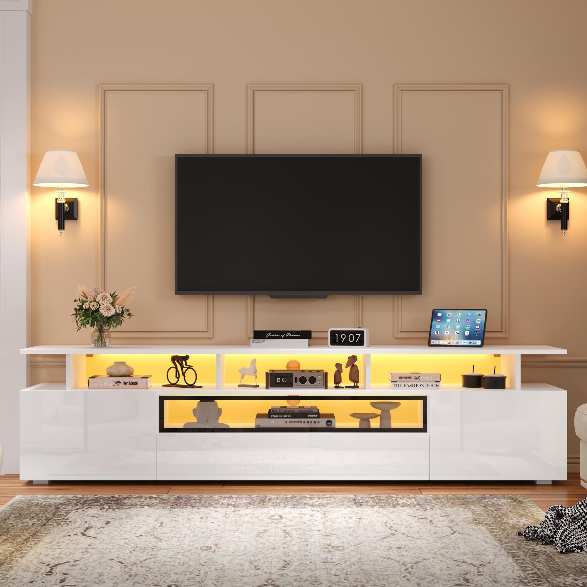 Elegante mobile TV con 2 reti e 1 cassetto, adatto per TV da 75 pollici (180 x 38 x 45 cm), design moderno, soluzione di archiviazione per soggiorno, mobili per l'intrattenimento domestico