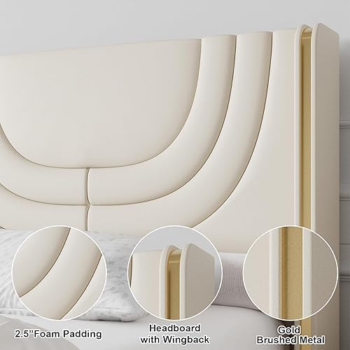 Miniatura 5 de Marco de cama tamaño Queen con luces LED, plataforma tapizada de piel sintética con cabecera de ala plateada, estilo moderno, no necesita somier,