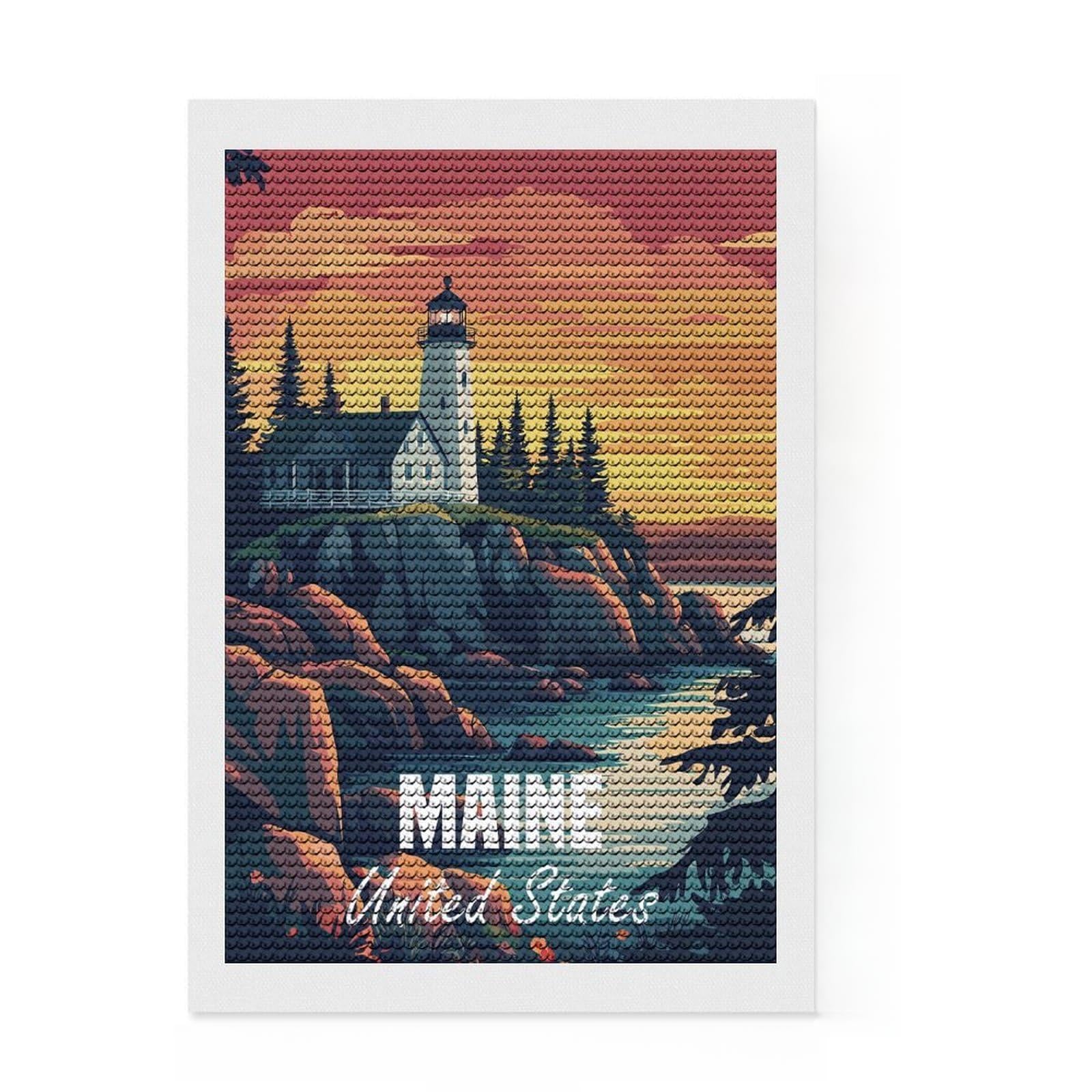 Junmoney Maine Lighthouse Sunset Full Drill Diamond Painting Kit 8"x12", Relaxing DIY, Stress Relief Craft, Relaxing Handmade Project, Modern Decor