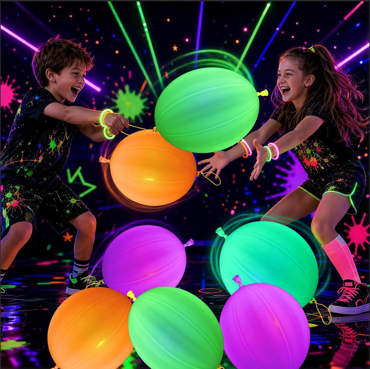 Mega-L Glow In The Dark Party Supplies, 24 PCS Neon Reusable Punch Balloons | Heavy Duty with Rubber Handle Bouncy Balls for Kids Birthday Games Goodie Bag Stuffer, Student Gift, Only Glow by Blacklight