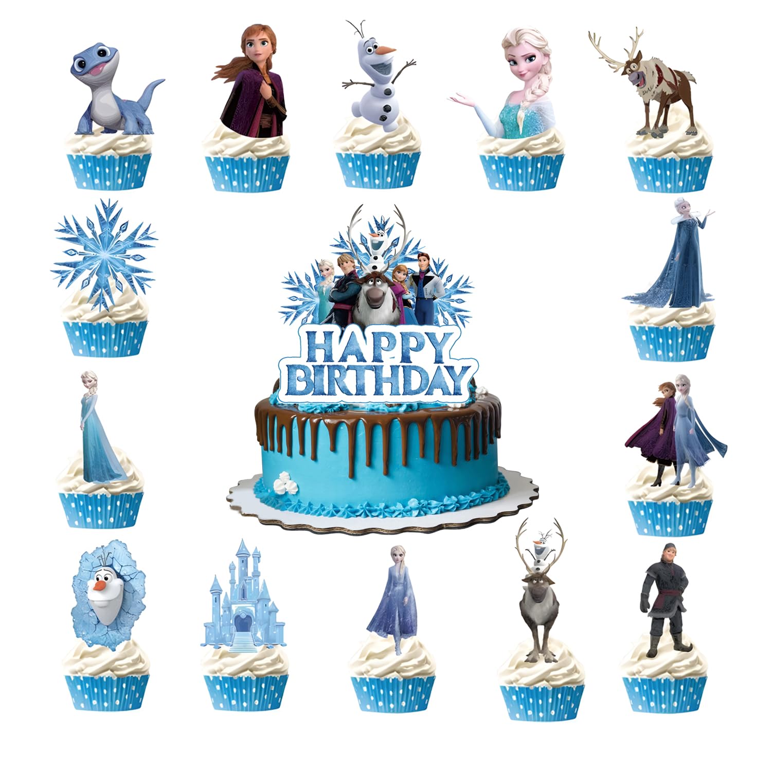 15pcs Cake Decorations with 14pcs Cupcake Toppers, 1pcs Cake Topper for Fro_zen/Tenn Girl Boy Birthday Party Supplies
