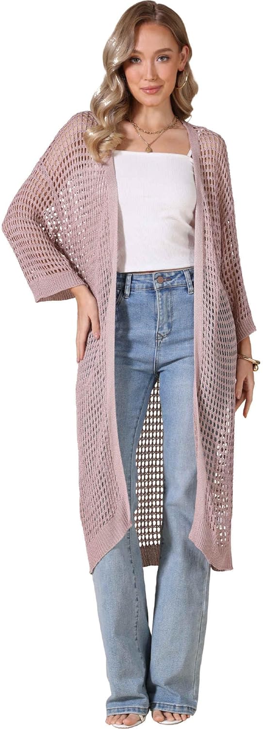 Allegra K Long Cardigan for Women's Summer Casual Long Sleeve Hollow Out Crochet Open Front Outfits