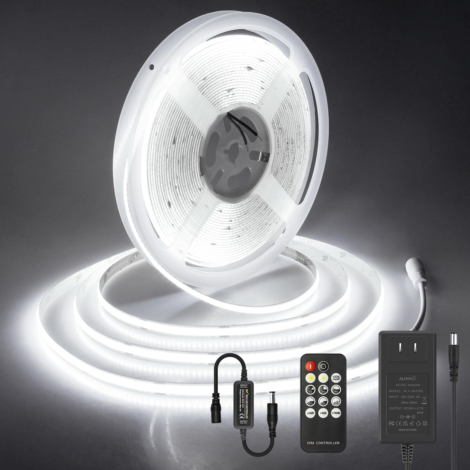 ALITOVE 32.8ft COB Led Strip Light White 6500K Super Bright 24V LED Rope Lights with Remote Dimmable 3200LEDs CRI90+ Uniform Glow LED Tape Light for Mirror Under Cabinet Living Room Study Wardrobe
