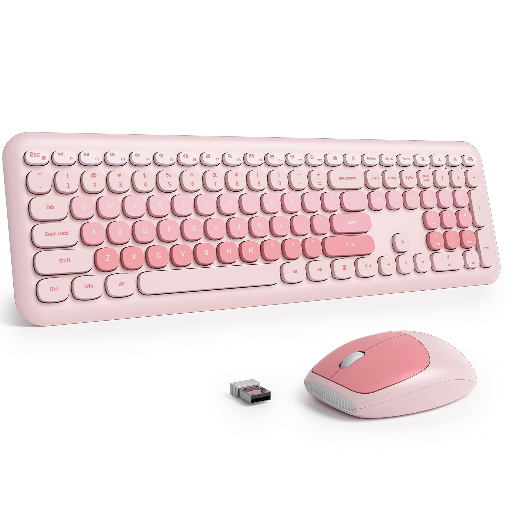 Fogruaden Quiet Wireless Pink Keyboard and Mouse, 2.4GHz Retro Cute Typewriter-Style Full-Size Colorful Keyboard and Mouse Combo, Slim Design,