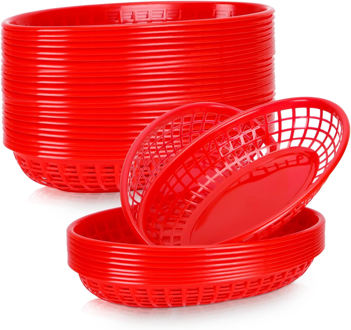 50 Pack Plastic Fast Food Baskets - Bread Fry Baskets Serving Tray for Hot Dogs, Chicken, Burgers, Sandwiches, Fries (Red)