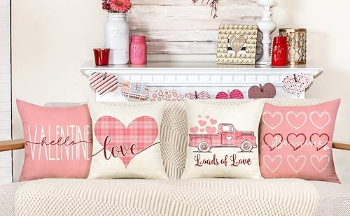 Miniatura 2 de 4TH Emotion Juego de 4 fundas de almohada para el día de San Valentín de 16 x 16 pulgadas, decoración de granja de primavera, camión rosa con