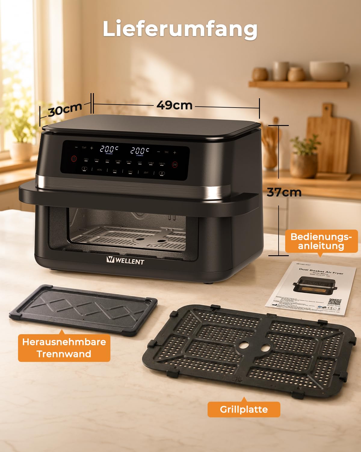 WELLENT 12L Dual Zone Airfryer XXL - 2950W Heißluftfritteuse 2 Kammern(6+6L) - Heissluftfritteuse Doppelkammer mit Sichtfenster, Match & Sync-Funktion, Schüttel-Erinnerung, Spülmaschinenfest