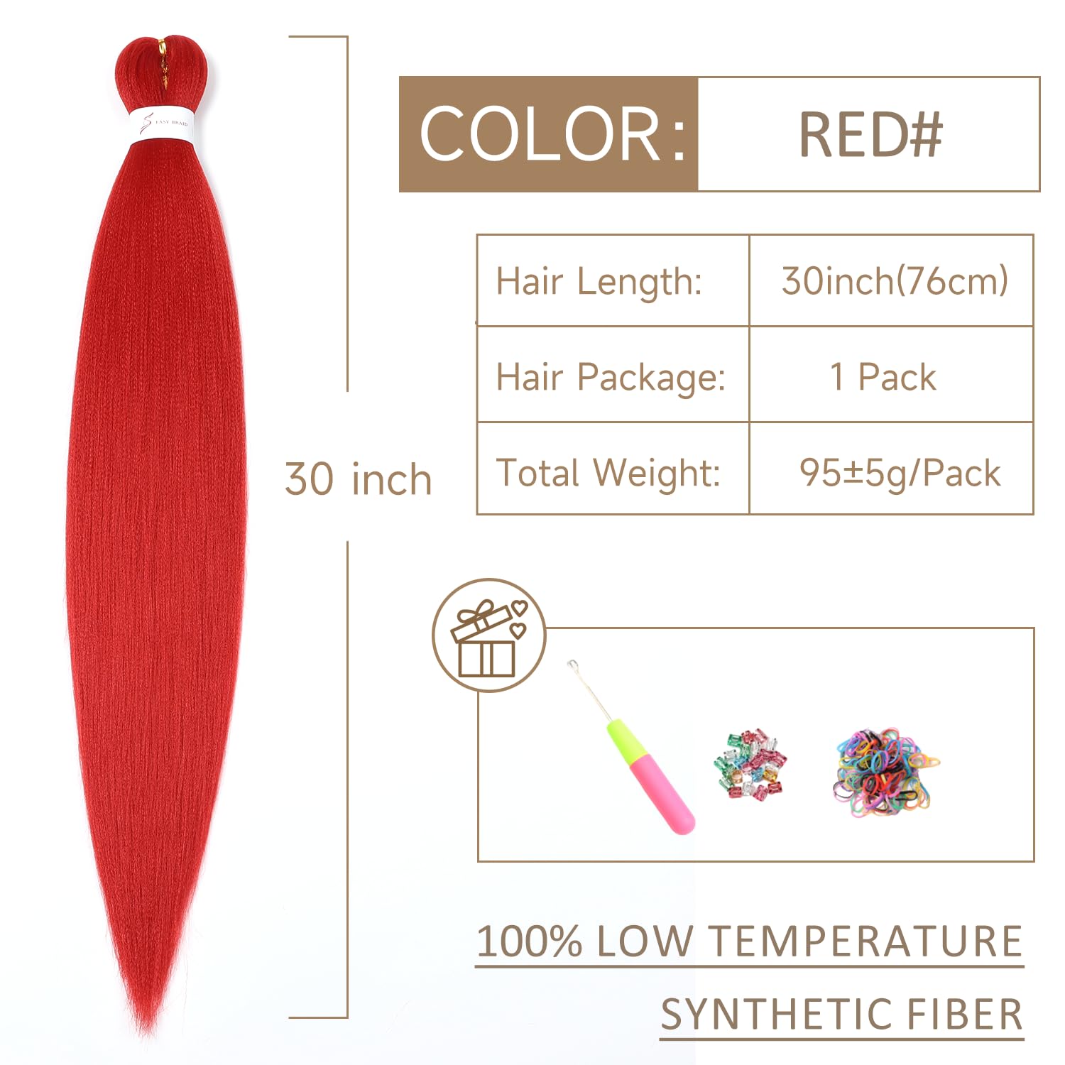Pre-Stretched Braiding Hair ShowJarlly Soft Free Synthetic Fiber Corchet Braids Natural Black 1Pack/Lot Knotless Braiding Extensions Hot Water Setting Braiding Hair(30inch,Red#) - Image 2