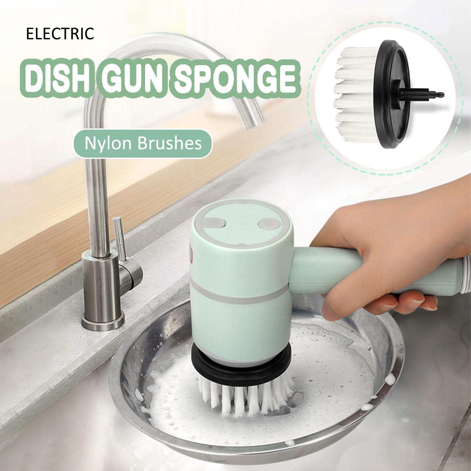 Hanaoni Electric Dish Gun, Pistola per strofinare piatti, 3 velocità regolazione, spazzola di pulizia con 6 testine di ricambio diverse, multifunzione girevole a 360°