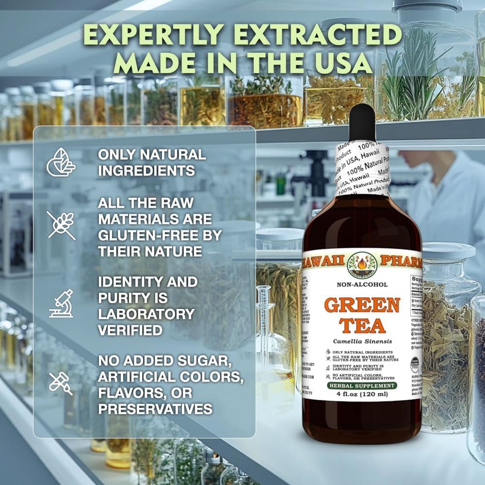 Green Tea (Camellia Sinensis) Dry Leaf Glycerite, Made in Hawaii, All Natural, Vegan, Lab Tested Alcohol-Free Liquid Extract - 4 fl.oz