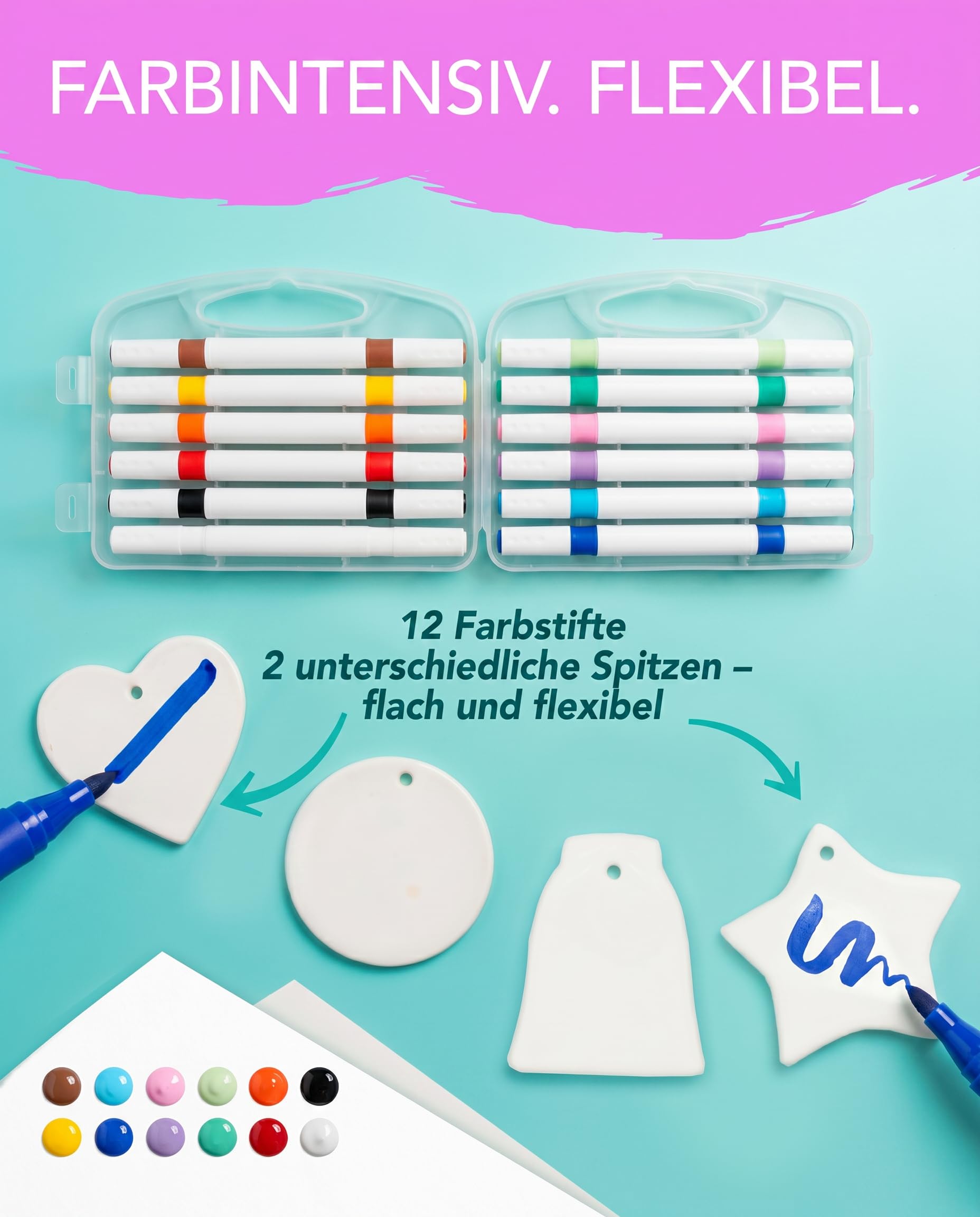 Keramik Bemalen Set mit 3 Tassen,Farben,Stiften & Zubehör | 2 weiße und 1 schwarze Effekt-Tasse,13 Acrylfarben,12 Porzellanstifte,4 Pinsel Künstler und Mandala-Werkzeuge