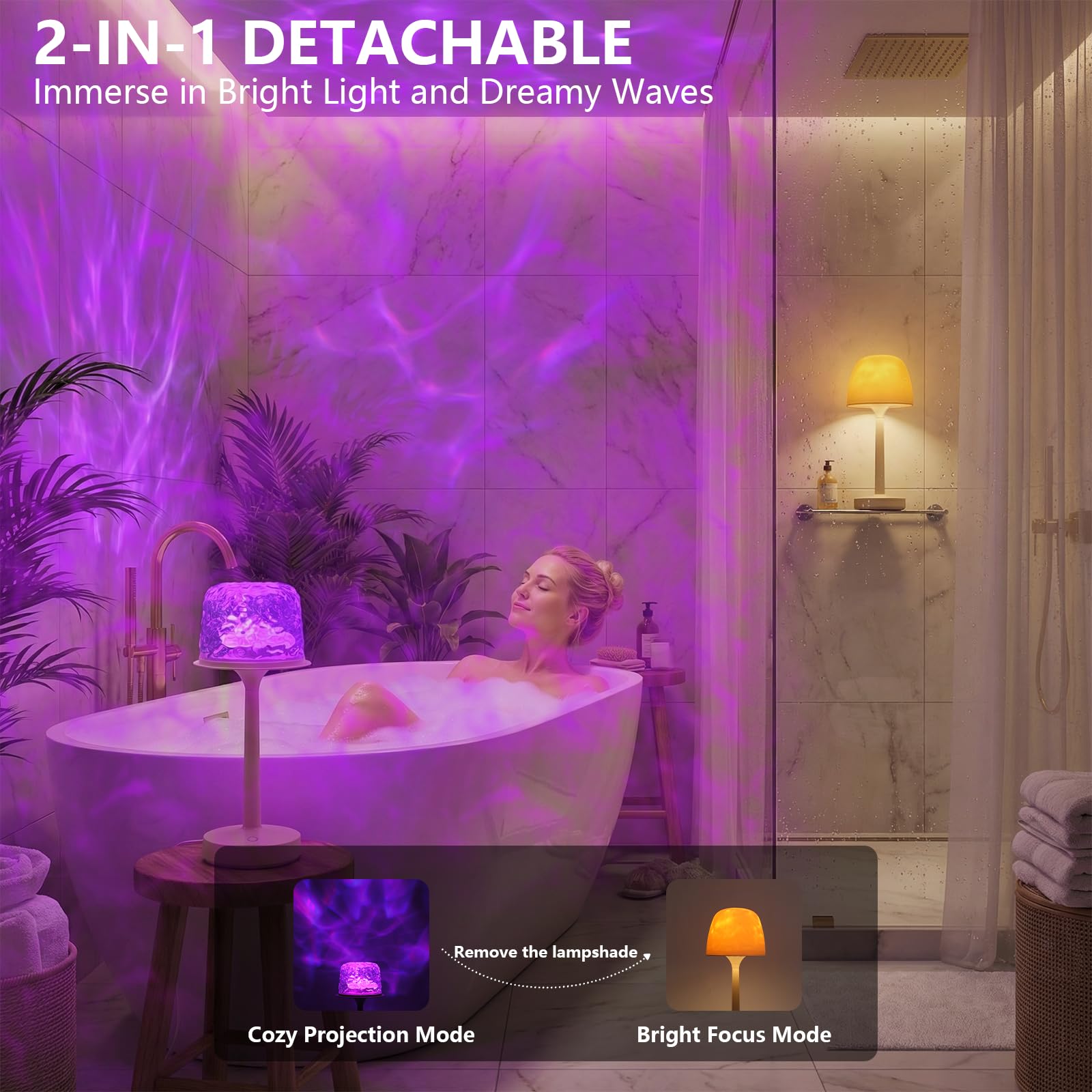 AquaSpa Shower Light – IP65 Waterproof Bathroom Lamp With 16-Color Ocean Wave Projector, 6000mAh Battery, Remote & Touch Control – Cordless For Shower, Bathtub, Or Mood Lighting