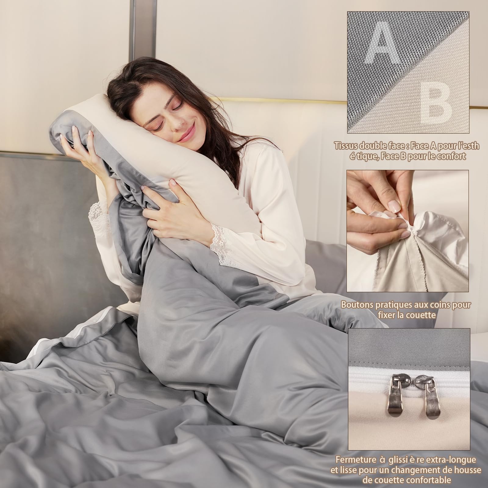 Set di biancheria da letto 4 pezzi, con cerniera su 3 lati, poliestere antistatico ultra-delicato e seta-liscio, design a due lati (Grigio & Crema), offerta vantaggiosa del marchio (2 * 135 x