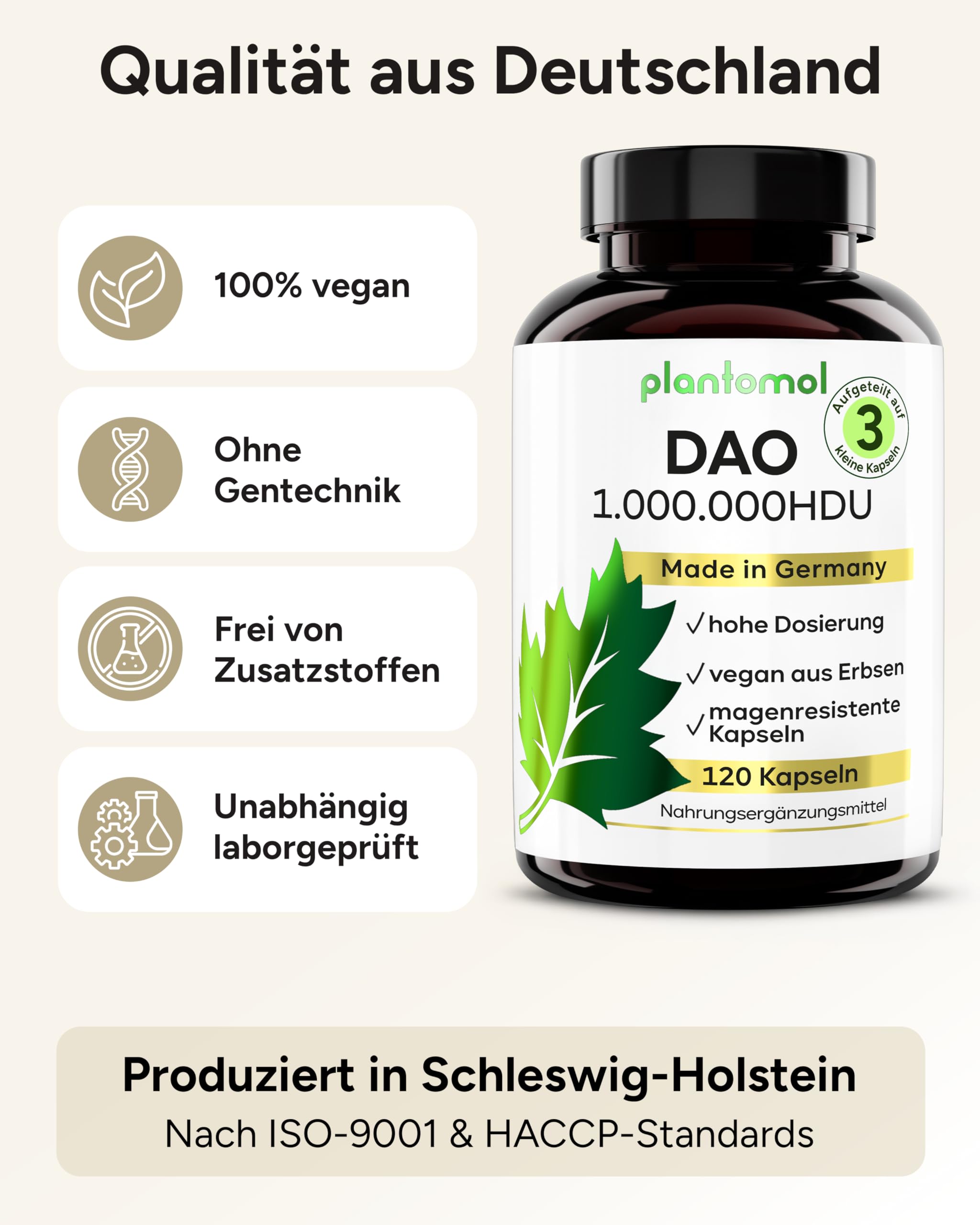 120 DAO Kapseln - 1.000.000 HDU pro Tag - perfekte Dosierbarkeit mit 333.333 HDU/Kapsel (1 bis 3 Kapseln/Tag) - DAO vegan - DAO Enzym aus Erbsen