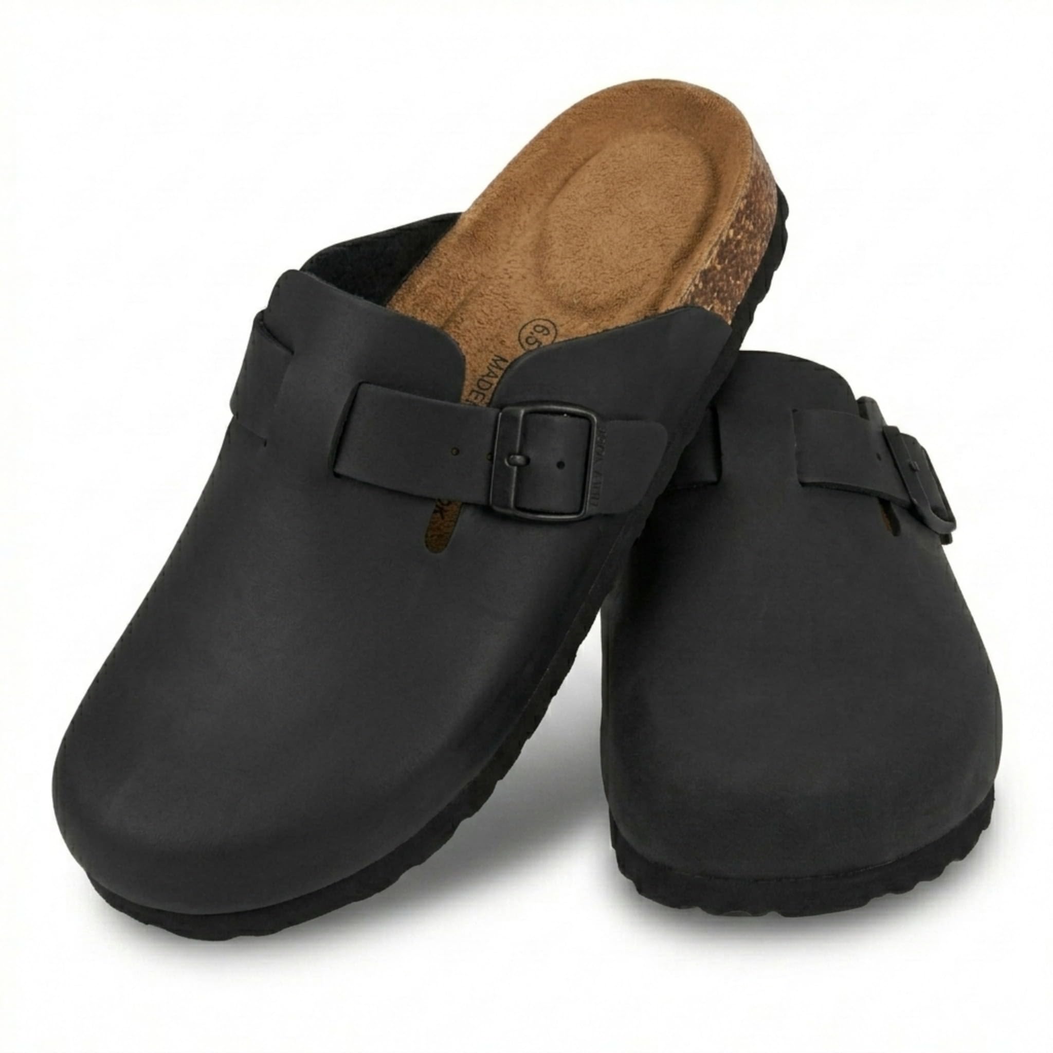 EMMA NEW YORK Women's Suede Clogs Slip-On Buckle Slides Leather Mules Cork Footbed Sandals Potato Shoes with Arch Support