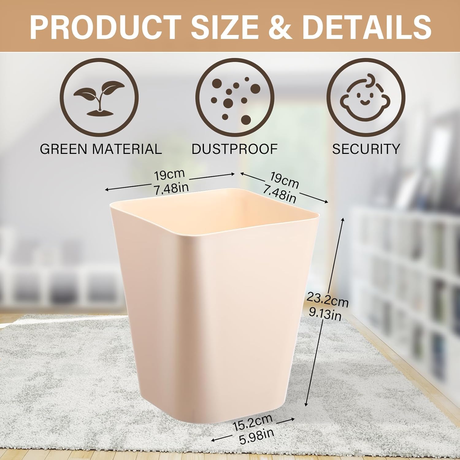 Hoolerry 9 Pieces Garbage Can 2 Gallon Small Trash Cans Bulk Bathroom Trash Bin Plastic Wastebasket Square for Bedroom Slim Bathroom Trashcan Small Container for Kitchen Office Home (Khaki)