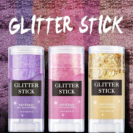 Face and Body Glitter Stick,Holographic Sequins Sparkling Neon Accessories Makeup Outfit Party Paint Hair and Body Glitter Gel Makeup.(Black &Orange &Purple)