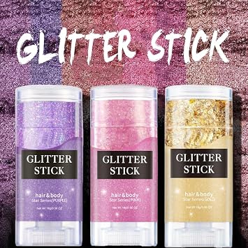 Face and Body Glitter Stick,Holographic Sequins Sparkling Neon Accessories Makeup Outfit Party Paint Hair and Body Glitter Gel Makeup.(Black &Orange &Purple)
