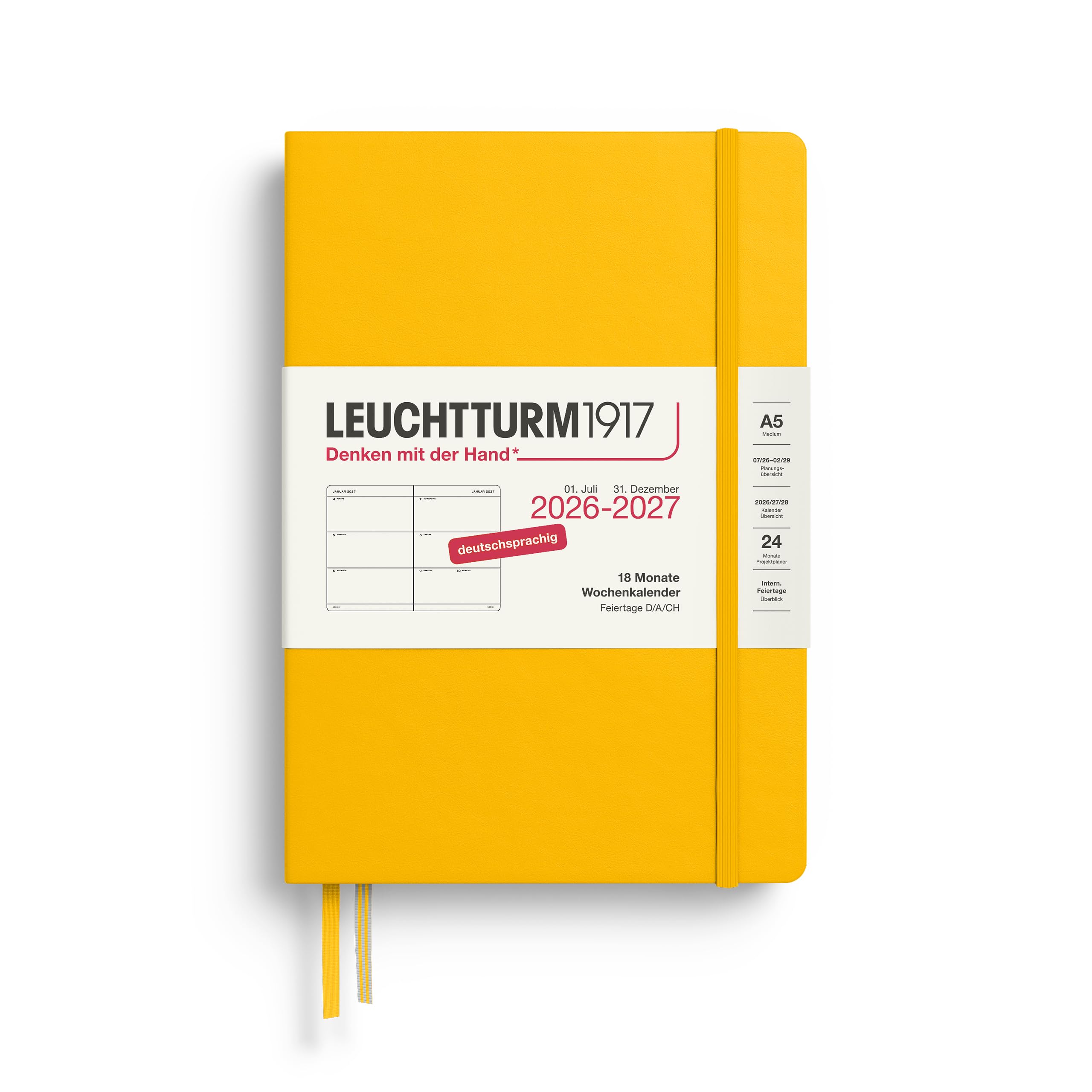 LEUCHTTURM1917 Kalendarz tygodniowy na rok 2027 średni (A5) – niemiecki, Sunflower, twarda okładka, 145 x 210 mm, 18 miesięcy - 07. 2026-12.2027, 1 tydzień na podwójnej stronie, papier 80 g/m² o