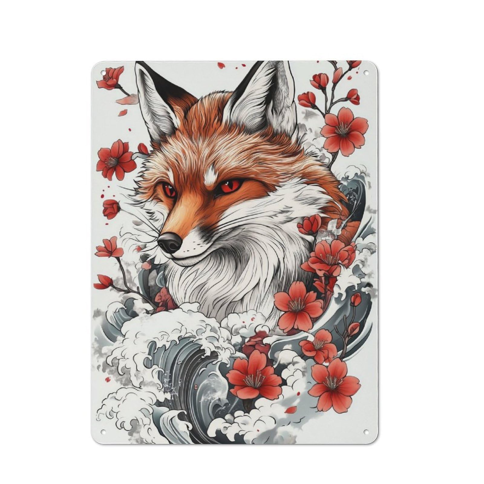 Junmoney Japanese Fox Tattoo Classic Metal Wall Plaque 40X30cm Featuring Creative Space Decor For Workspace, Cafe, Shop Or Desk Area
