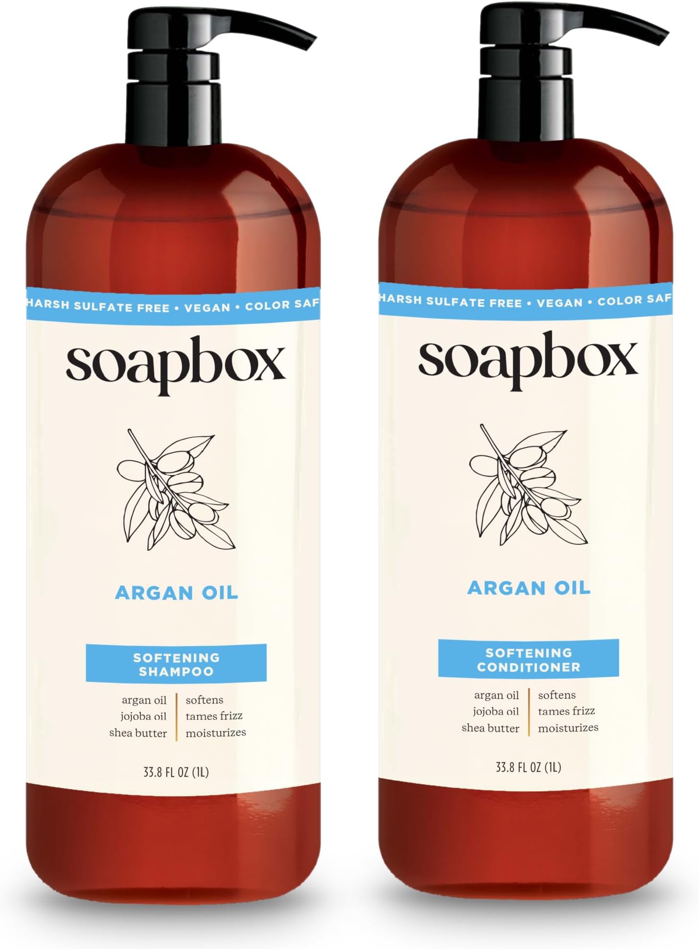 Soapbox Argan Oil & Vanilla Shampoo & Conditioner Set, Leaves Hair Smooth & Controls Frizz - Clean Ingredients Free of Harsh Chemicals, Sulfates, Parabens & Silicones - 1 Liter Each