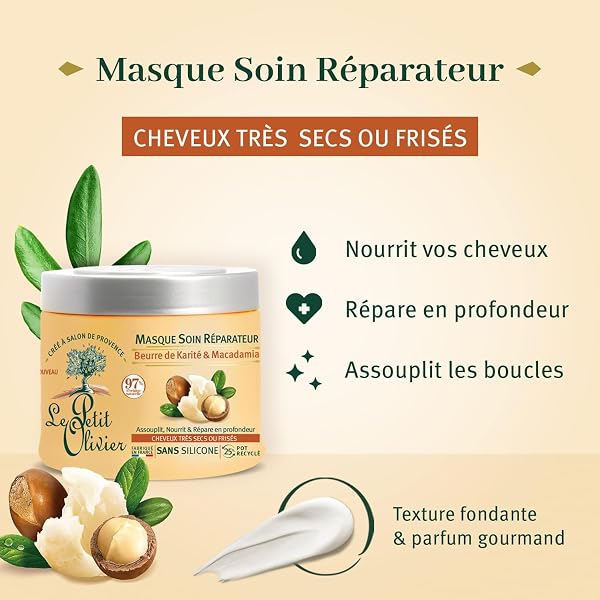 LE PETIT OLIVIER - Masque Soin Réparateur - Karité & Macadamia - Assouplit, Nourrit & Répare en Profondeur - Cheveux Secs ou Frisés - Sans Silicone - Fabriqué en France - 330 ml | Assouplit, Nourrit, Répare - 3