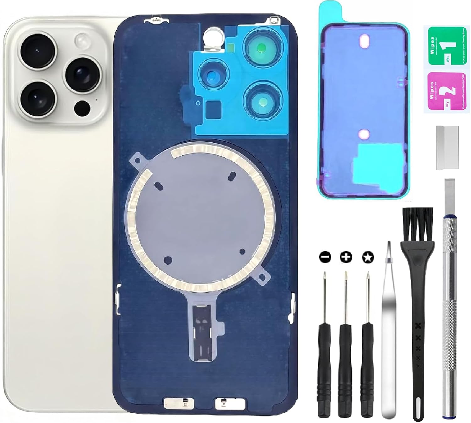 Rear Back Glass Replacement for iPhone 15 Pro Max Back Glass + Camera Lens + Magnet + Iron Piece Holder with Repair Tool Kit (White)