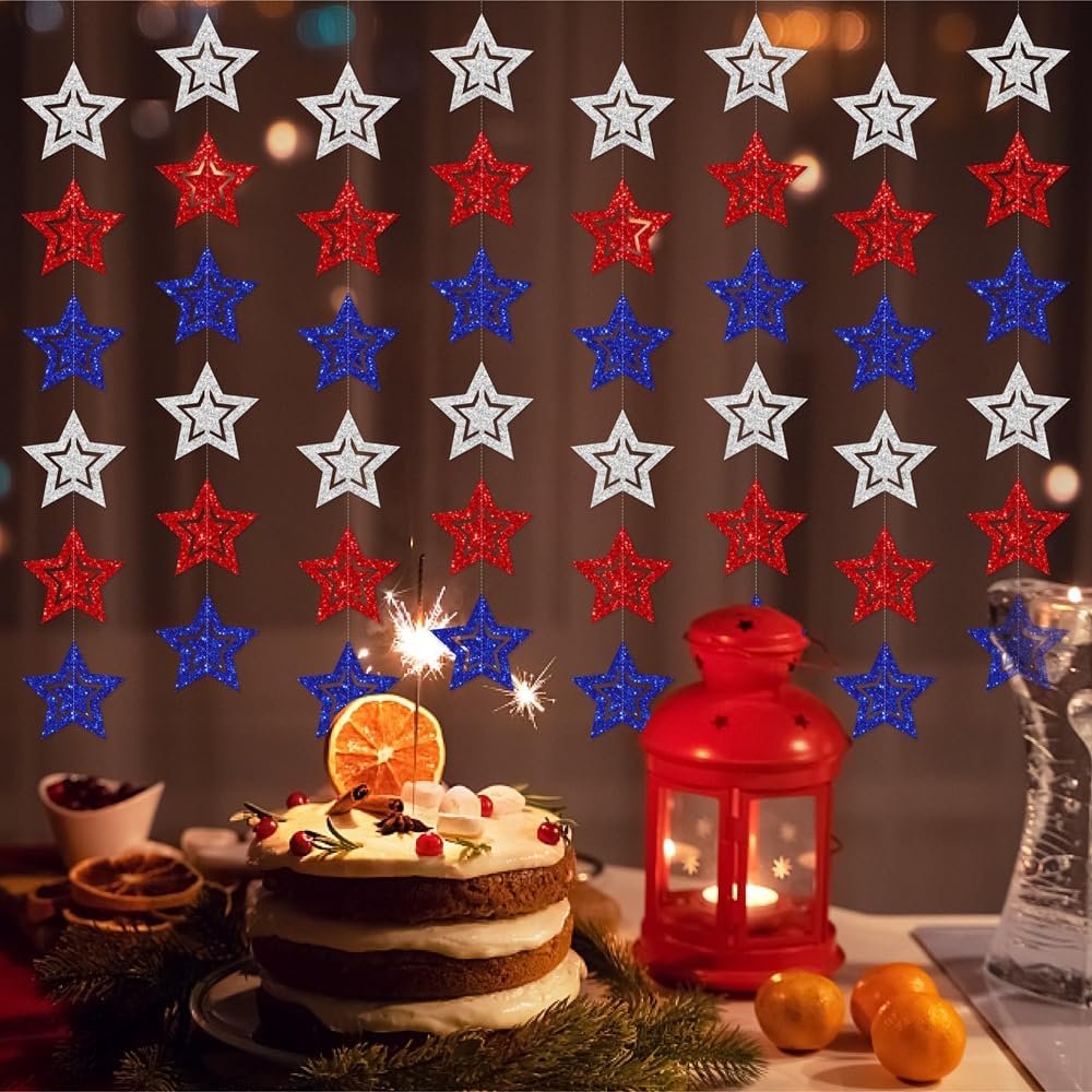36 Pcs 4th of July Glitter Star Garland - No DIY Needed, Red White Blue Hanging String Decorations for Independence Day, Memorial Day, Patriotic Party, Veterans Day, USA Themed Party Decorations