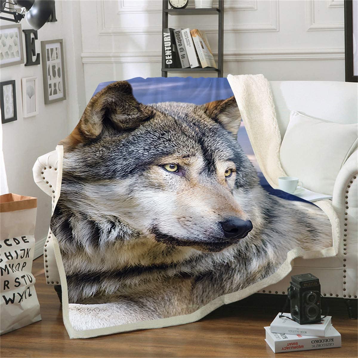 Manta de cama con estampado de lobo reversible para banco silla y sofá 1