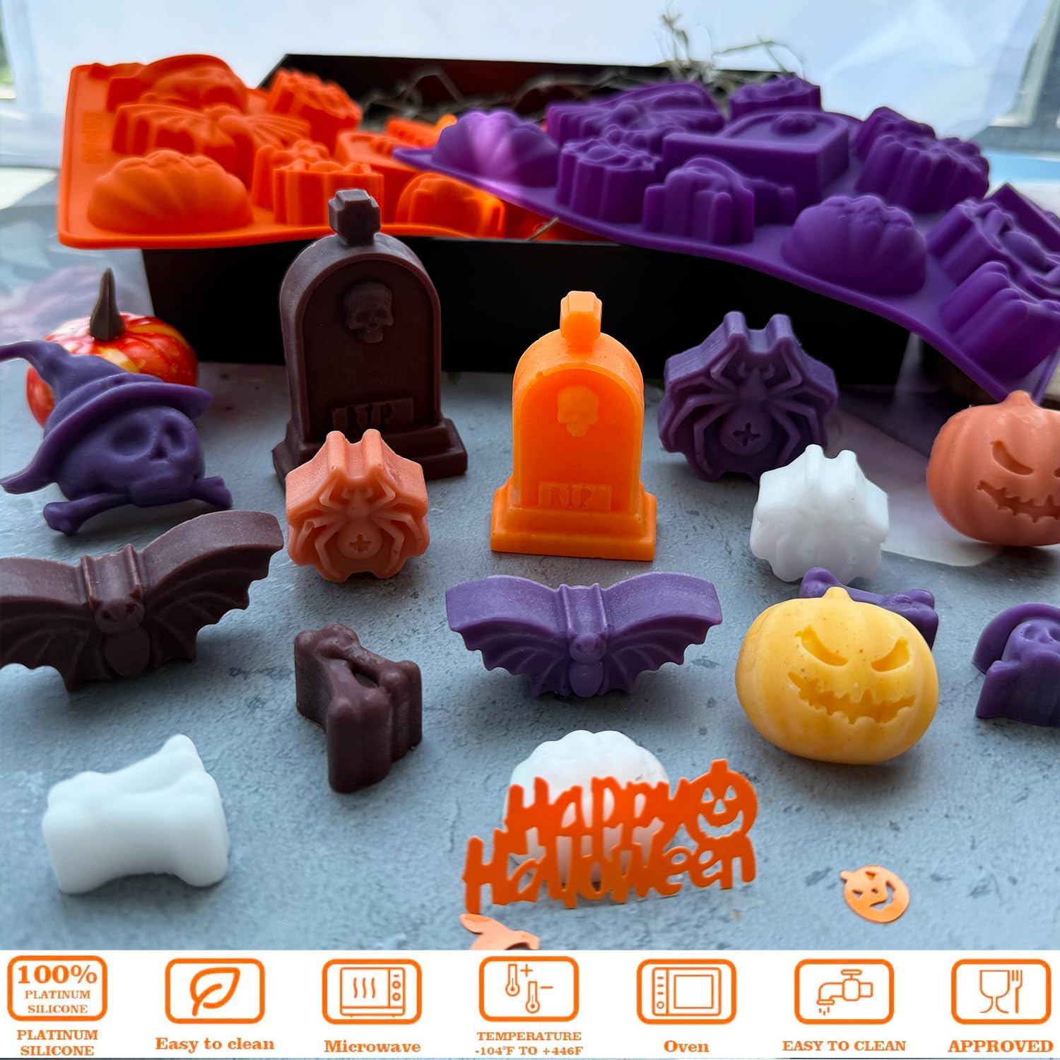 Halloween Candy Chocolate Molds, 2Pcs Halloween Silicone Mold Pumpkin Tombstone Skull Witch Hat Bat Spider Baking Mold Jello Ice Cube Gummy Cake Pop Wax Mold for Halloween Cake Cupcake Toppers