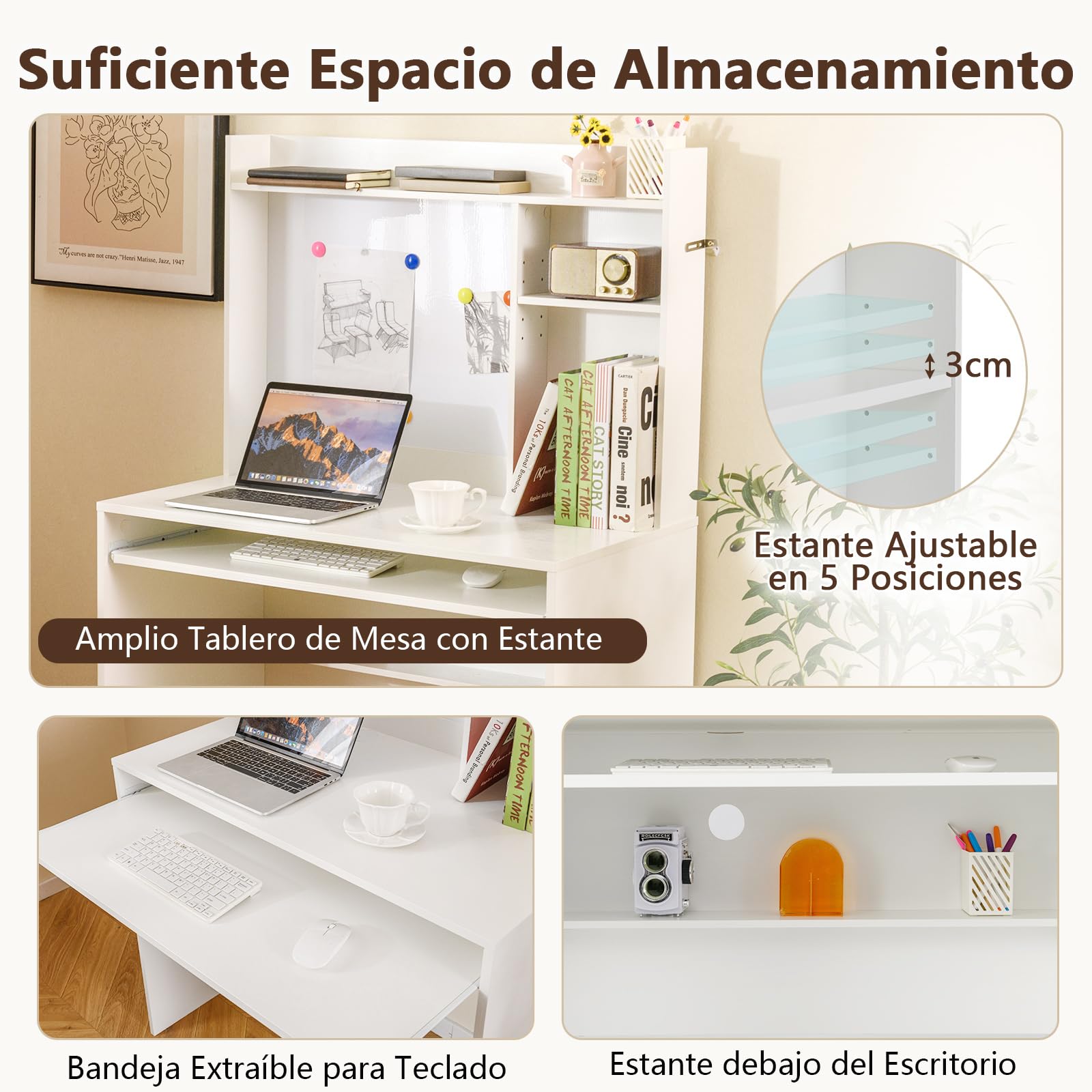 COSTWAY Escritorio con Tablero Magnético, Mesa Escritorio Blanca con Estantes Ajustables, Bandeja para Teclado, Escritorio Juvenil 89 x 50 x 138 cm (Blanco)