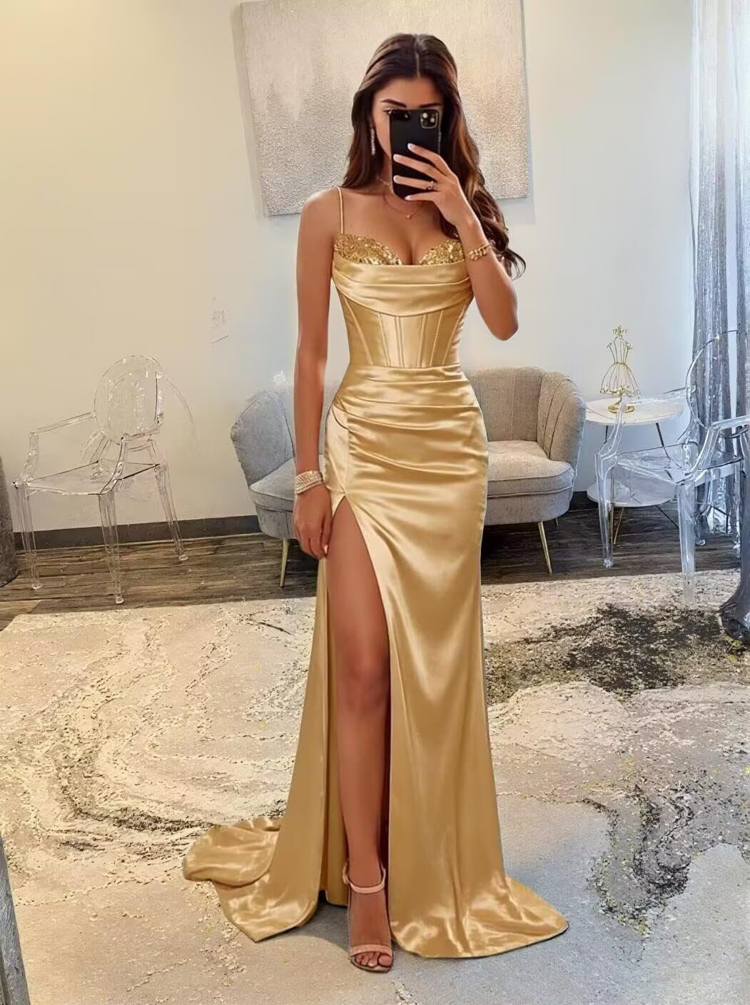 Women's Satin Corset Prom Dress, Sequin Beaded Mermaid Gown 2026 Sweetheart Neck Formal Evening Party Dress