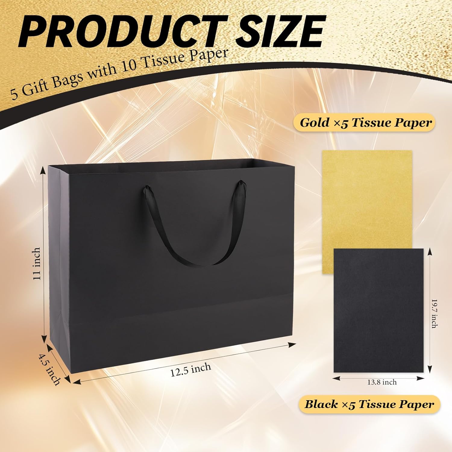 Addblu 5 Pack Large Black Gift Bags with Handles - Includes 10 Tissue Papers, 12.6x8.7x4 Inches for Men Birthday Party, Wedding, Bridesmaid, Groomsmen, Shopping Business, Christmas (Black Medium - 5Pcs) - Image 2