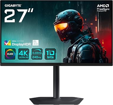 GIGABYTE MO27U2 26,5 QD-OLED Gaming Monitor, 4K UHD (3840x2160), 240Hz, 0.03ms GTG, HDMI 2.1 & DP 1.4, DisplayHDR True Black 400, HDR 1000 nits, KVM & USB-C, Dahili Hoparlör