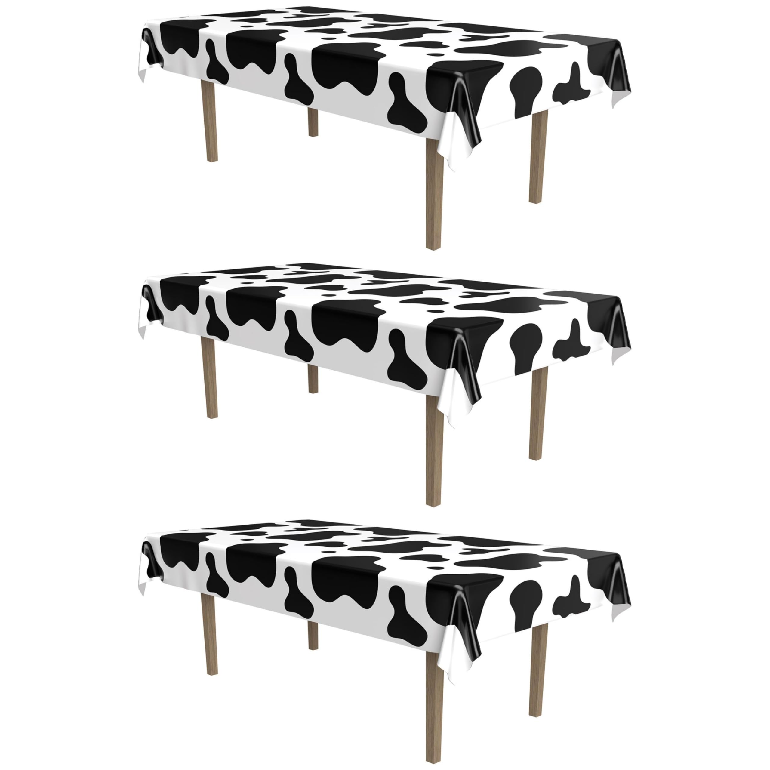 Beistle Cow Print Tablecovers – 3 Pack, Black & White Farmhouse Table Covers, Disposable Plastic Tablecloths for Western Theme Party Décor, Rustic Barn Event Setup, Country Celebrations, 54" x 108"