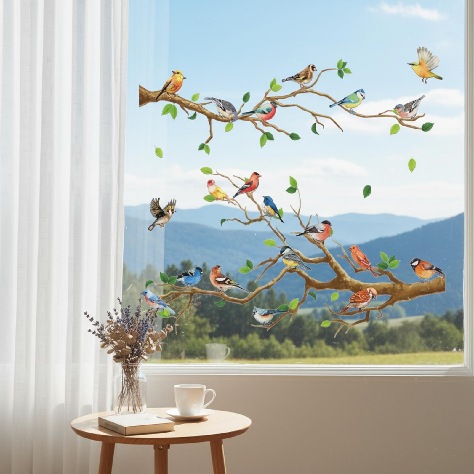 4 Pieces Garden Birds on Branches Stickers Removable Birds on Tree Wall Decals Peel and Stick Wall Decoration for Bedroom Living Room