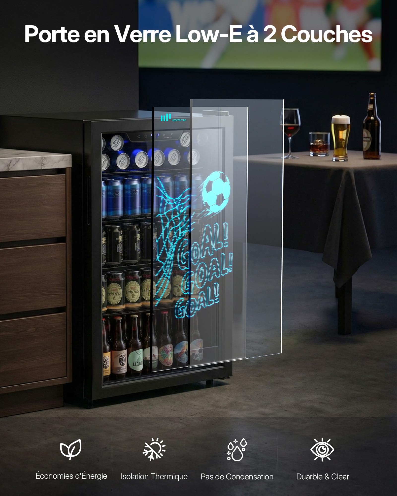 Upstreman Réfrigérateur à Boissons 91  L Avec Porte Vitrée, Mini Frigo Pour 126 Canettes, LED Motif Football, Avec Étagères Amovibles pour Bière, Vin et Soda, Idéal pour Maison, Bar, Bureau