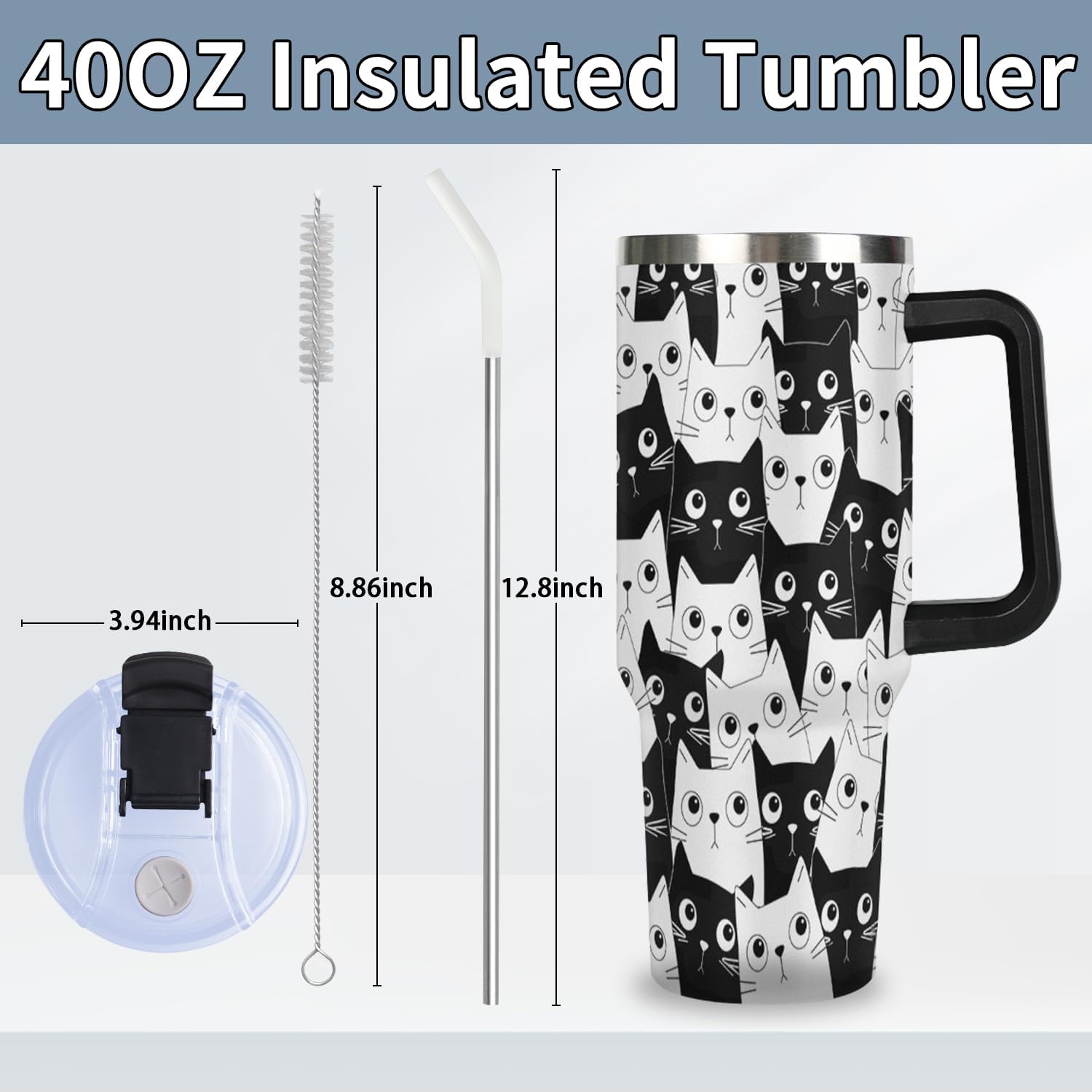 40 oz Insulated Tumbler with Handle - Funny Black Cat Stainless Steel Metal Water Bottle with Lid and Straw, Everything Is Fine Coffee Travel Mug Cup, Gifts for Cats Lovers Women Men