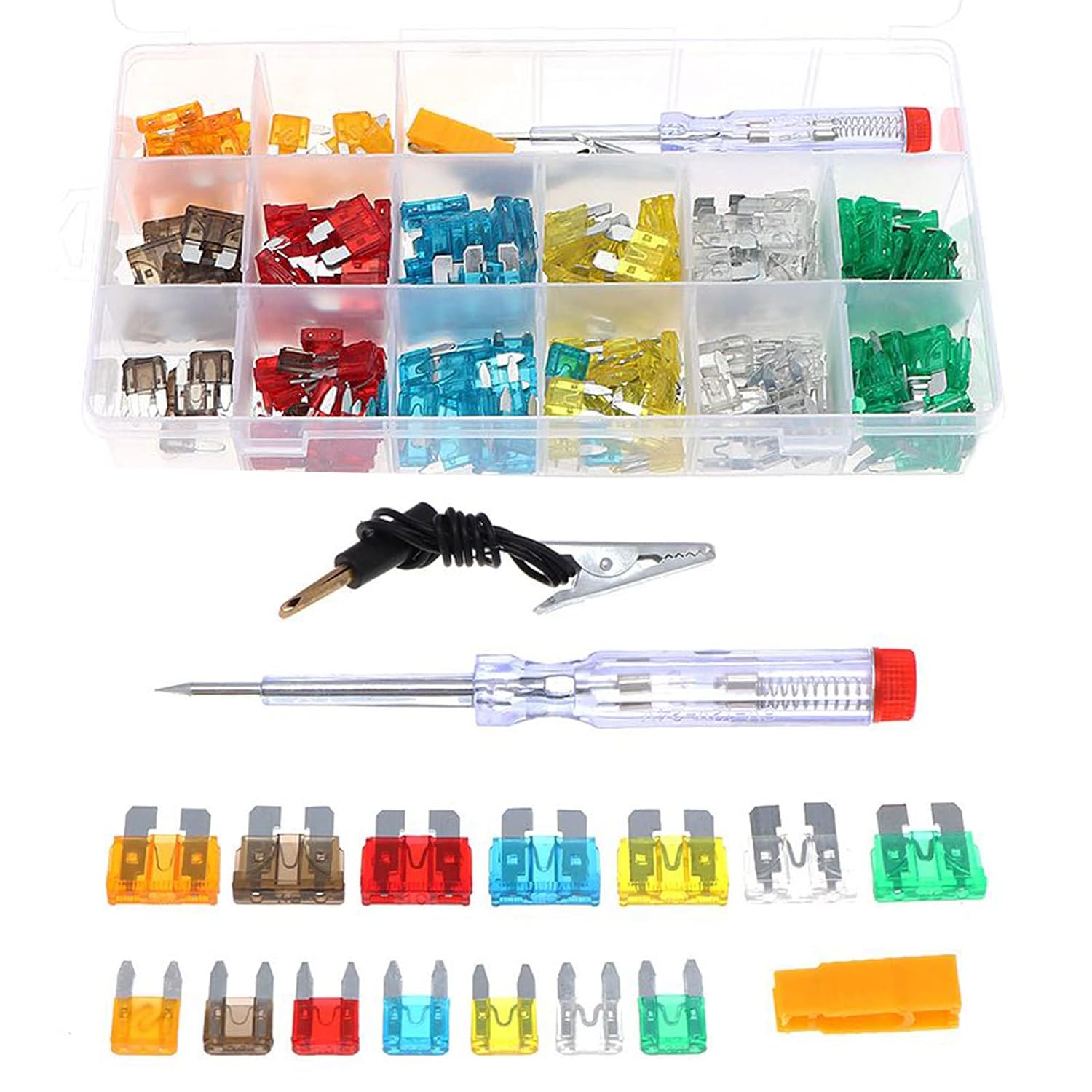 AWBLIN Fuse Assortment Kit, 220pcs Assorted Replacement Blade Fuses Standard & Mini - 5A 7.5A 10A 15A 20A 25A 30A with Fuse Puller and Circuit Tester for Car Boat Truck SUV Auto Automotive