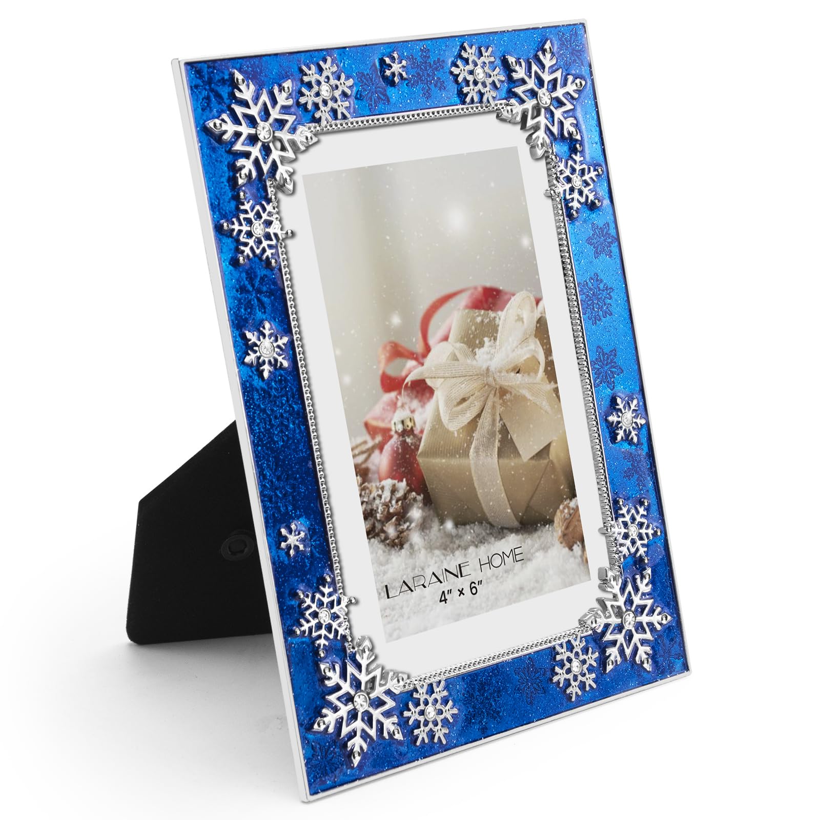 LARAINE Picture Photo Frame 4x6 Metal Sparkle Snowflake High Definition Display Pictures for Tabletop Home Decorative Christmas Holiday Gift (Blue)
