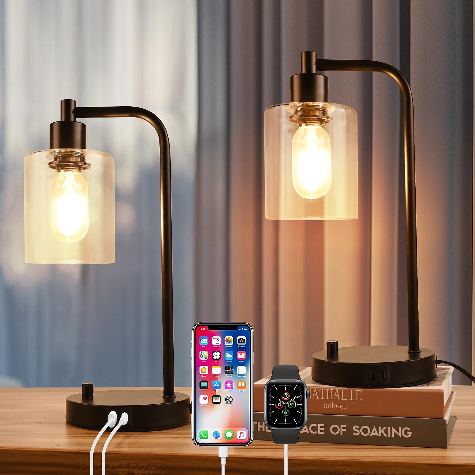 Euakee Set de 2 Lámpara de Mesita de Noche Regulable, Lámpara de Mesa Vintage con 2 Puertos USB A+C, 2 Bombillas LED, Pantalla de Cristal, Lampara Industrial E27 para Dormitorio, Salón y Comedor
