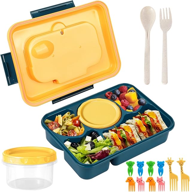 Bento Lunch Box, Kids Lunch Box with 5 Compartments and Food Picks Cutlery, Leakproof Bento Box for Kids Boys Girls Adult Work School, Microwave Safe, 1600ML (Blue)