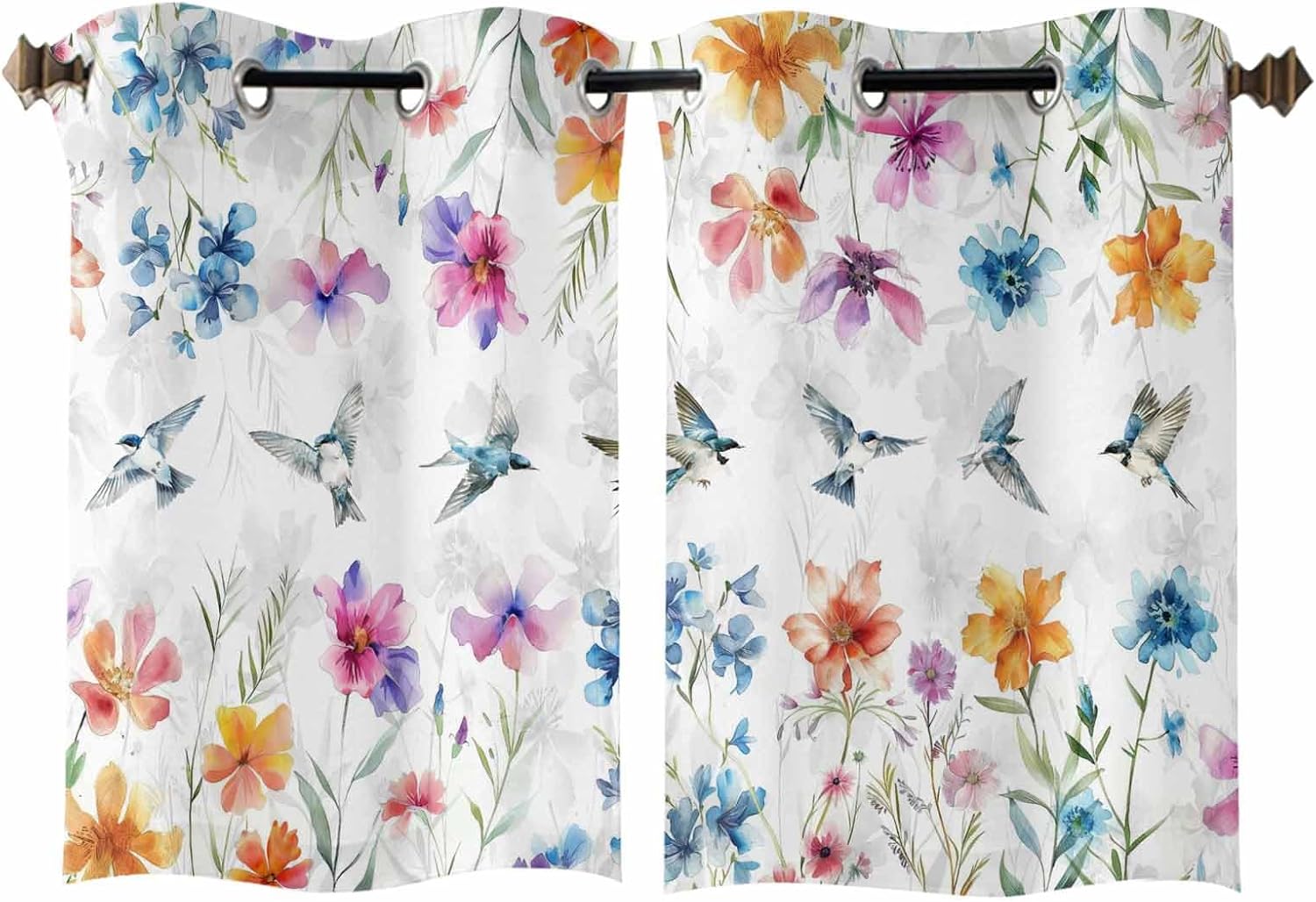 Spring Floral Curtains for Living Room 39 Inch Length Drapes, Summer Plants Flowers Birds Window Treatments Curtain Panels, Grommet Top, 2 Pack