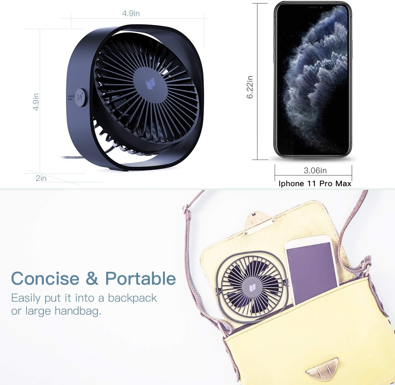 Fixget USB Desk Fan, Portable Mini Desktop Cooling USB Fan with 3 Speeds Strong Wind and 360° Rotation, Quiet Design Personal Fans for Home Office Car Outdoor Travel (Navy Blue)